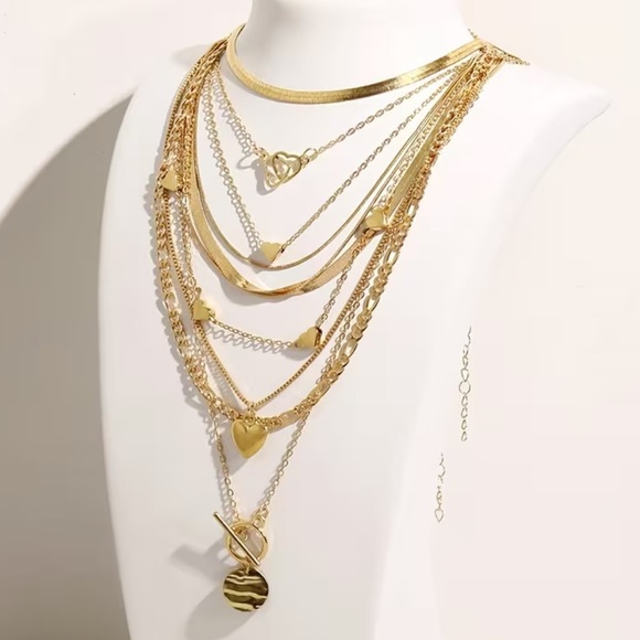 Jewelry - 10-Piece Golden Layered Necklace Set – Mixed Chains & Charms - NWT - Herringbone